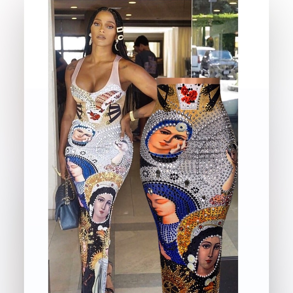 Madonna bodycon beaded pearls and rhinestone dress